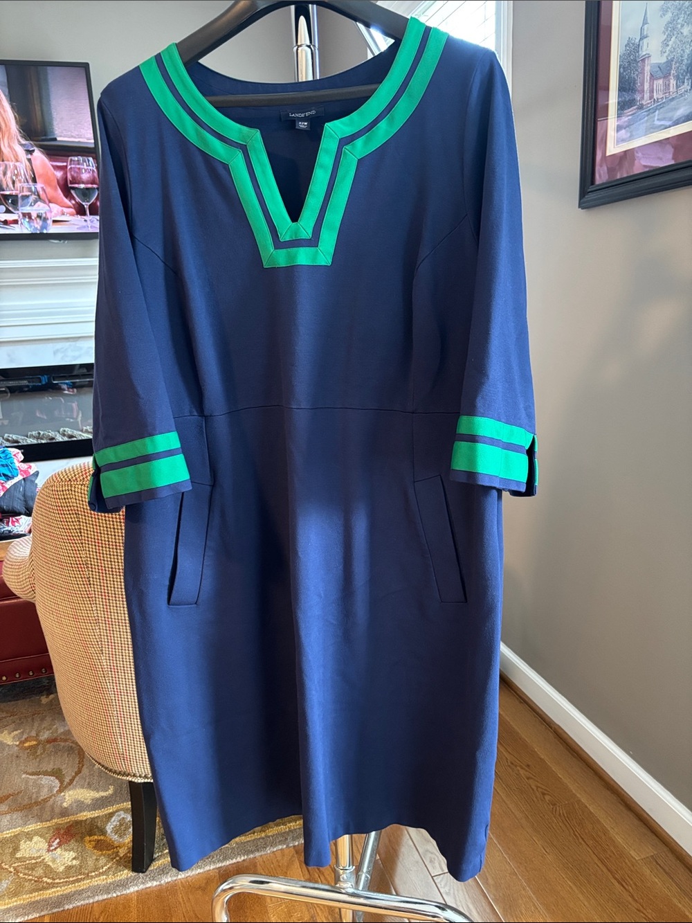 Lands' End Navy Dress with Green Trim